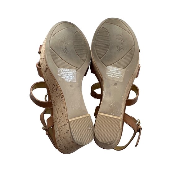 Marc Fisher Wedge Sandals Genny Brown Leather Strappy Gold Accents & Cork Heel 9 - Picture 7 of 8